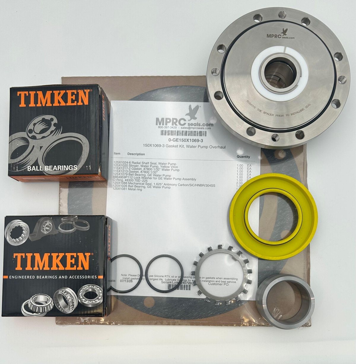 MPRC 150X1069-3 GE 7FDL water pump rebuild kit with mechanical seal, Timken bearings, gaskets, O-rings and hardware